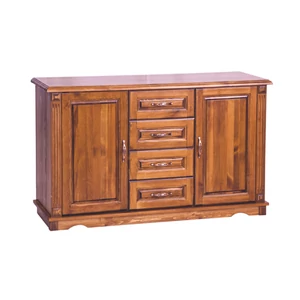 2 ajtós + 4 fiókos pácolt dió színű borovi fenyő komód, 136 cm széles