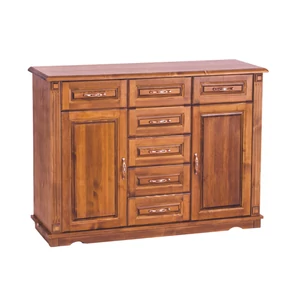 2 ajtós + 7 fiókos pácolt dió színű borovi fenyő komód, 136 cm széles