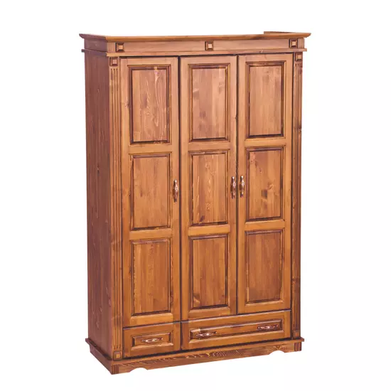 3 ajtós + 2 fiókos pácolt dió színű borovi fenyő szekrény, akasztós és polcos 140 cm széles